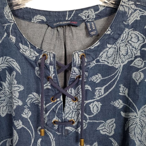 Isaac Mizrahi Live Sz 12 Dress Denim Chambray Floral Print Split Sleeves Lace Up - Picture 14 of 15
